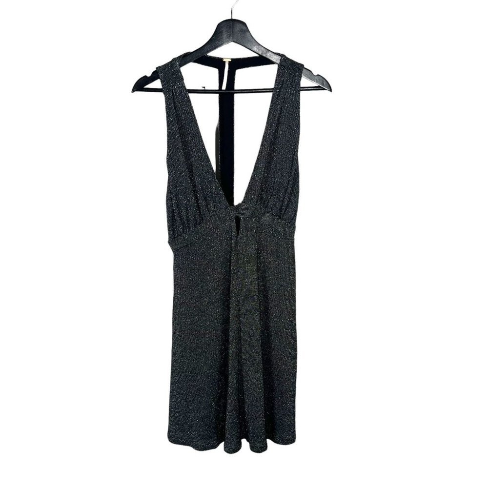 Free People Black Metallic Deep Plunge Halter Empire Short Dress Medium